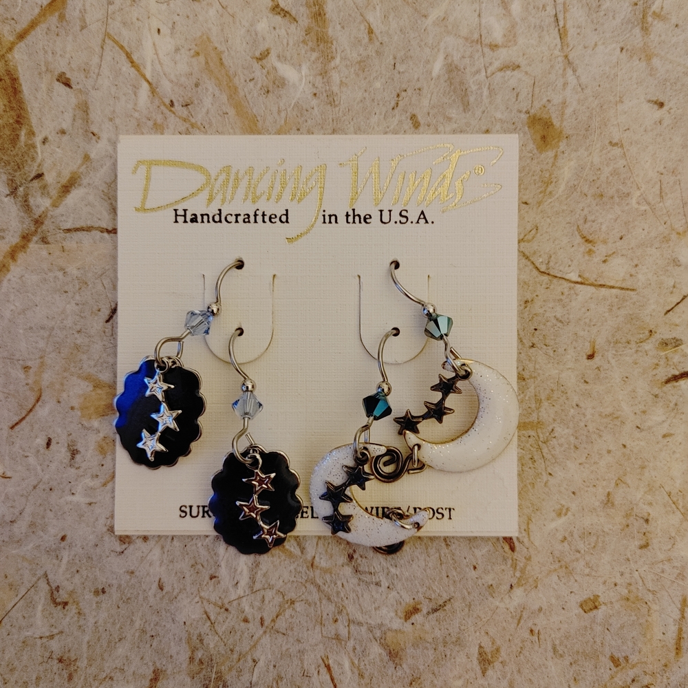 New Earring Set Dancing Winds Stars and Moon Earrings Surgical Steel 2 Pairs